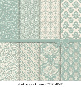 set of seamless damask patterns in green and beige