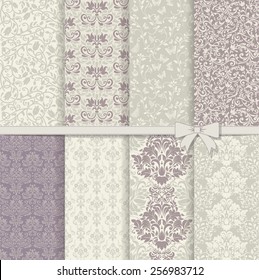 set of seamless damask patterns in violet and grey