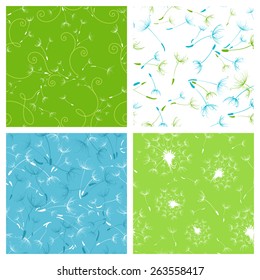 Set of seamless dandelion patterns. Four bright seamless textures with dandelions. 