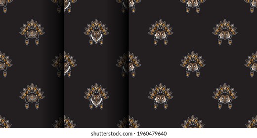 Set of Seamless dark pattern with face of an owl with feathers of Indians. Owl from patterns. Good for prints. Vector illustration