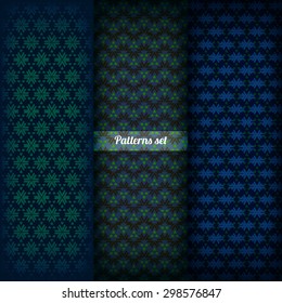 Set of seamless dark patterns. Stars, rhombuses, triangles. Vector