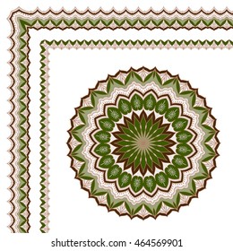 Set of seamless decorative borders. Circular ethnic ornament Mandala. Sample background. Hand-drawing in the Eastern style, Arabic, Indian, Turkish.