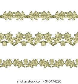 set of the seamless decorative borders from oak leaves and acorns