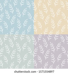 Set of Seamless decorative foliage pattern. Elegant vintage texture branches with white leaves on color background. Tempate for fabric, wallpaper, backgrounds, wrapping paper, package, covers