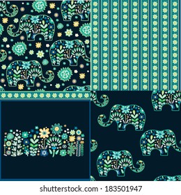 Set of seamless decorative patterns with elephants