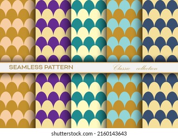 conjunto de patrones decorativos sin fisuras con una rejilla dorada de formas arbitrarias para textil, textil, fondo simple y diseño creativo