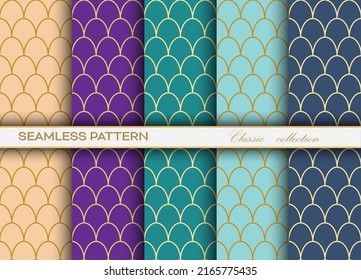 set of seamless decorative patterns with a gold grid of arbitrary shapes for texture, textiles, simple background and creative design