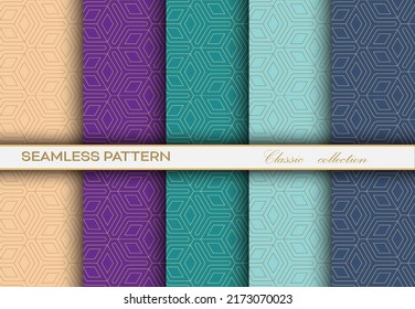 set of seamless decorative patterns with a gold grid of arbitrary shapes for texture, textiles, simple background and creative design