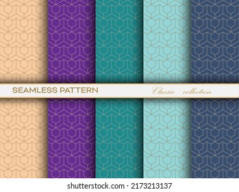 set of seamless decorative patterns with a gold grid of arbitrary shapes for texture, textiles, simple background and creative design