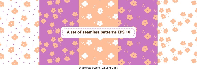 Um conjunto de padrões delicados sem costura em tons de pêssego e roxo para impressão em tecido e decoração, impressão floral