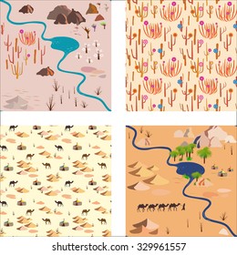 Set seamless desert pattern with river, palms rocks and camels