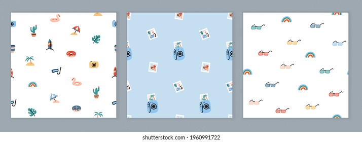 Set of seamless design with trendy summer icons. Repeat pattern with various drawings related to summer time and vacation. Vector cartoon illustration.