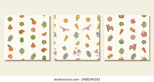 Set of seamless design with trendy summer icons. Repeat pattern with various drawings related to summer time and vacation