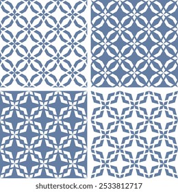 Conjunto de patrones geométricos diagonales azules y blancos sin costuras. Arte vectorial.