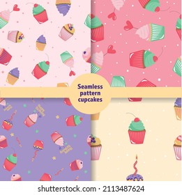 A set of seamless different cupcake patterns