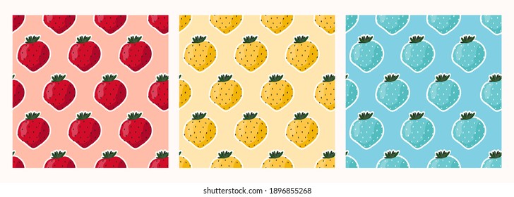 Set seamless different strawberry pattern. Pattern for wrapping paper and design, print on textiles. Berry color background. Vector stock illustration. Cute childish illustration. 