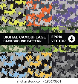 Set of seamless digital camouflage pattern. Fashionable digital camouflage pattern. Various scheme of camouflage pattern. EPS10 pixel camouflage pattern.