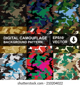 Set of seamless digital camouflage pattern. Fashionable digital camouflage pattern. Various scheme of camouflage pattern. EPS10 pixel camouflage pattern.