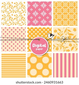 Set of seamless digital paper patterns, flowers, dots, stripes, square swatches