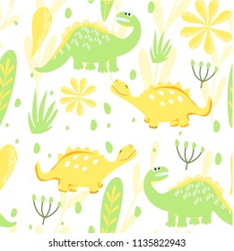 Set of seamless dinosaur patterns and Botanical illustration. Lemon and lime. Dinosaurs walking in a meadow with flowers. For the design of children's clothes, fabrics, cards and books, for comics