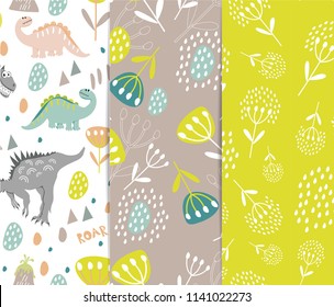 Set of seamless dinosaur patterns and Botanical illustration. Dinosaurs walking in a meadow with flowers. For the design of children's clothes, fabrics, cards and books, for comics