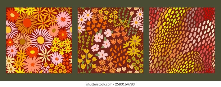 Set of seamless ditsy patterns with various wild meadow flowers. Сolourful cute floral summer backgrounds. Can be used for wrapping, textile, print, banner, brochure, label, wallpaper, cover