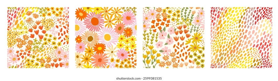 Set of seamless ditsy patterns with various wild meadow flowers. Сolourful cute floral summer backgrounds. Lovely design for wrapping, textile, cover, print, banner, greeting card, label, wallpaper.	
