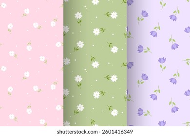 Set of seamless ditsy patterns with various meadow flowers. Сolourful cute floral summer backgrounds. Pattern templates for prints, textiles, covers, baby surfaces, stationery, wallpaper, wrapping