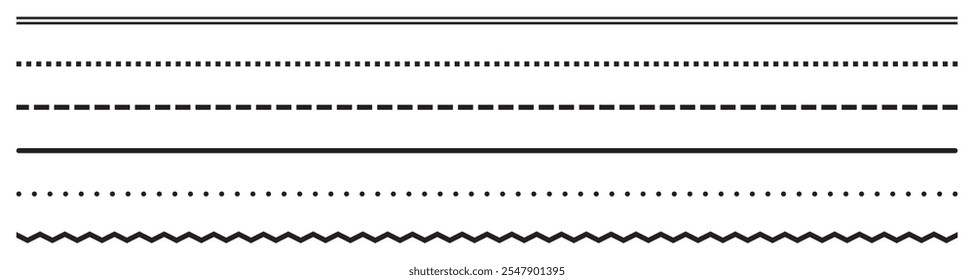 Conjunto de linhas retas divisórias sem costura de diferentes estilos pontos, ziguezague, traços, quadrado. Ilustração vetorial