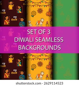 Set of seamless Diwali backgrounds with Indian characters, sacred cow, diya lamps and garlands. Traditional motifs in cartoon flat style for festive design and decoration.