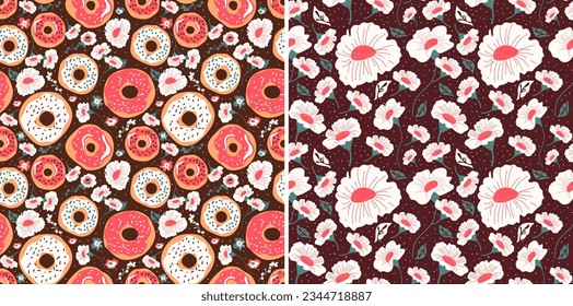 Eine Reihe von nahtlosen Donut-Mustern mit rosafarbenem und weißem Vereisen und einem Blumenmuster für die Textil- oder Objektliebhaber.