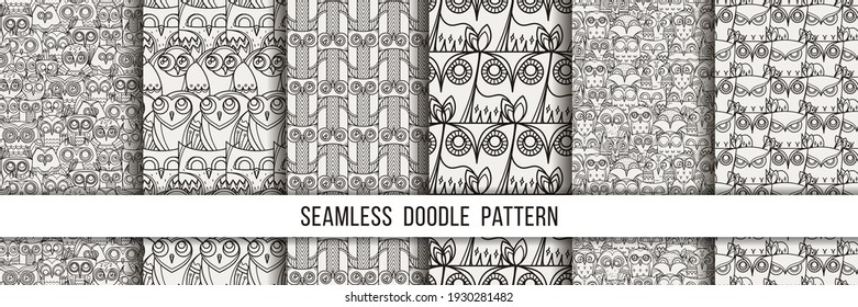 Set of seamless doodle owl patterns. Cute print collection for kids, scrap and other. Vector endless illustrations