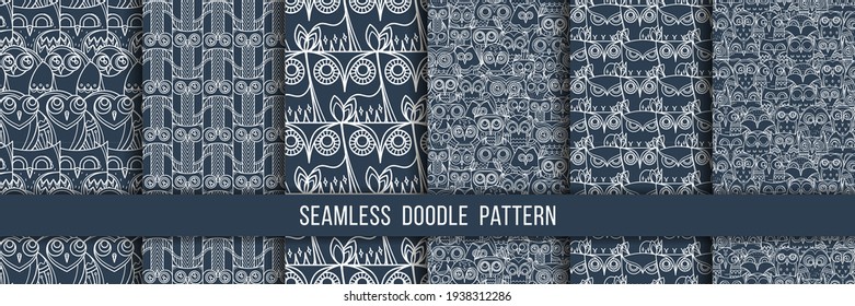 Set of seamless doodle owl patterns. Cute print collection for kids, scrap and other. Vector endless illustrations