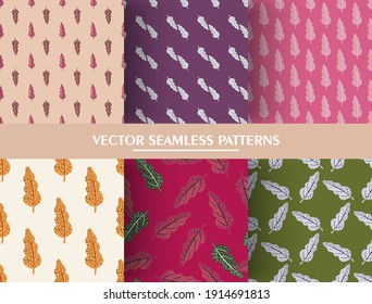 Set of seamless doodle pattern with leaf elements. Shapes simple ornament background collection. Nature illustration. Vector design for textile, fabric, giftwrap, wallpapers.