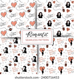 Conjunto de patrones de doodle sin fisuras con corazones, texto, niñas. Elementos del día de San Valentín en color de moda. Antecedentes de amor vectores.