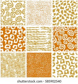 Set of seamless doodle patterns. Leopard and zebra prints, dotted backgrounds, scrolls. Ethnic textile collection. Golden, white.