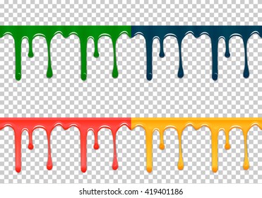 Set of seamless drips of paint of different colors, isolated on gray background. Vector illustration