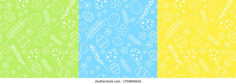 Set of seamless Easter linear pattern. Decorative Easter eggs, flowers and arabesques. Can be used for printing, textiles, backgrounds, and other purposes.