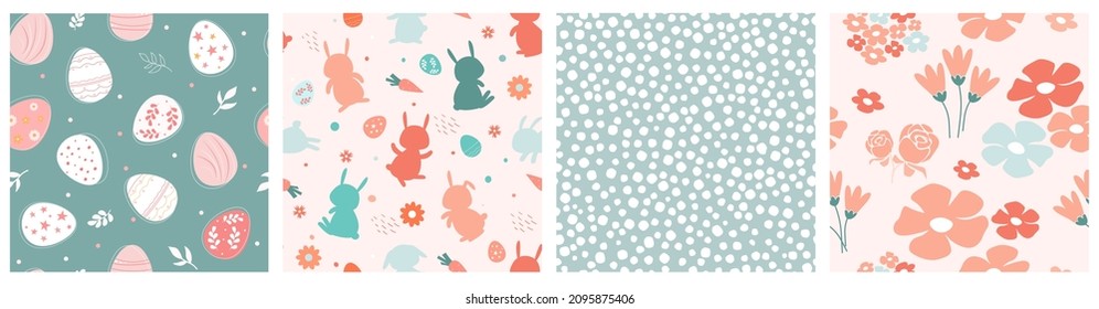A set of seamless Easter pattern with different colored eggs, branches with leaves, chaotic drops, muzzles of bunnies, rabbits. Festive spring print. Vector graphics.