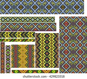 Set von nahtlosen bearbeitbaren bunten, geometrischen ethnischen Mustern für Stickereistich.