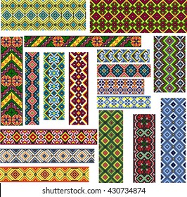 Set of seamless editable colorful geometric ethnic patterns for embroidery stitch.