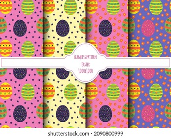 A set of seamless egg patterns with a pattern, Easter, vector graphics 1000x1000 pixels.