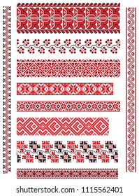 Set of seamless embroidered goods like handmade cross-stitch ethnic Ukraine pattern for design. Vector borders illustration on white background. Ukrainian national ornament decoration.