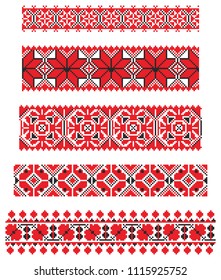 Set of seamless embroidered goods like handmade cross-stitch ethnic Ukraine pattern for design. Vector borders illustration on white background. Ukrainian national ornament decoration.