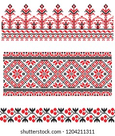 Set nahtloser bestickter Waren wie handgefertigte Kreuzstich ethnische Ukraine Muster für Design. Vektorgrafik grenzt an eine Illustration mit Blumen auf weißem Hintergrund. Ukrainische nationale Ornamentendekoration.