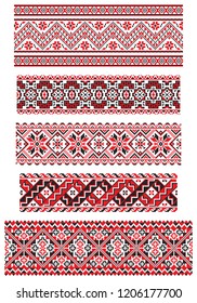 Set of seamless embroidered goods like handmade cross-stitch ethnic Ukraine pattern for design. Vector red and black borders illustration on white background. Ukrainian national ornament decoration.