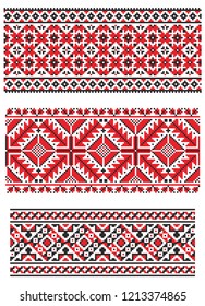 Set of seamless embroidered goods like handmade cross-stitch ethnic Ukraine pattern for design. Vector red and black borders illustration on white background. Ukrainian national ornament decoration.
