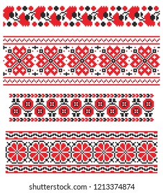 Set of seamless embroidered goods like handmade cross-stitch ethnic Ukraine pattern for design. Vector red and black borders illustration on white background. Ukrainian national ornament decoration.