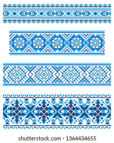 Set of seamless embroidered goods like handmade cross-stitch ethnic pattern for design. Vector  borders illustration on white background. Belarusian national ornament decoration.