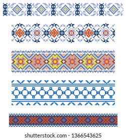 Set of seamless embroidered goods like handmade cross-stitch ethnic pattern for design. Vector  borders illustration on white background. Belarusian national ornament decoration.